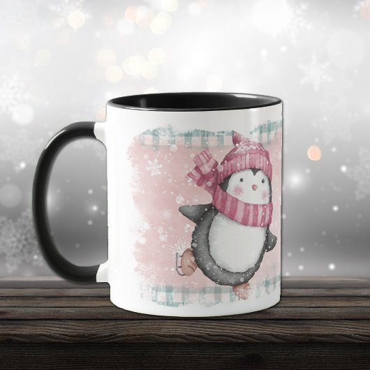 Mug Pink Grey Snowflake Pingouin Fête Musique