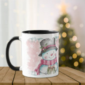 Mug Pink Grey Snowflon Holiday Snowman