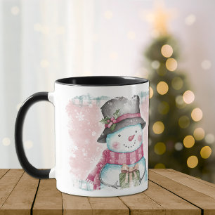 Mug Pink Grey Snowflon Holiday Snowman