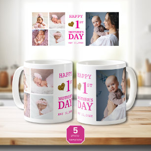 Mug Pink Happy First Mother's Day 5 Photo Collage