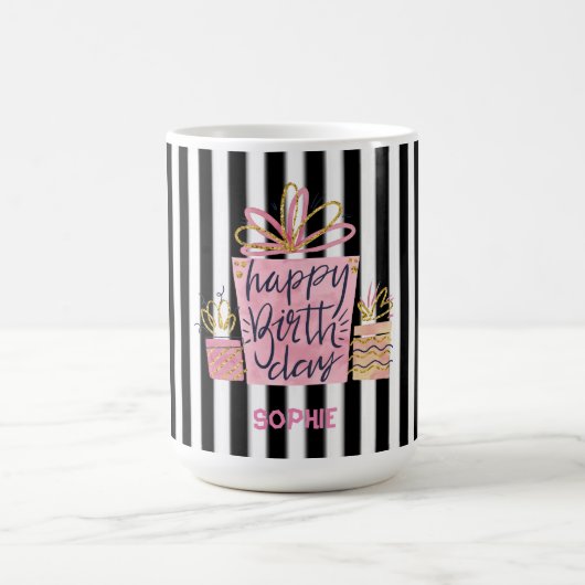 Mug Pink Joyeux cadeau d'anniversaire noir et blanc ra (Centre)