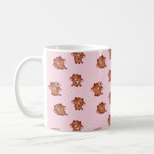 Mug Pink Kawaii Highland Cows Seamless Pattern (Gauche)
