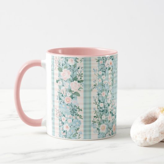 Mug Pink Mint Green Floral En vichy Grand Millennial (Avec donut)