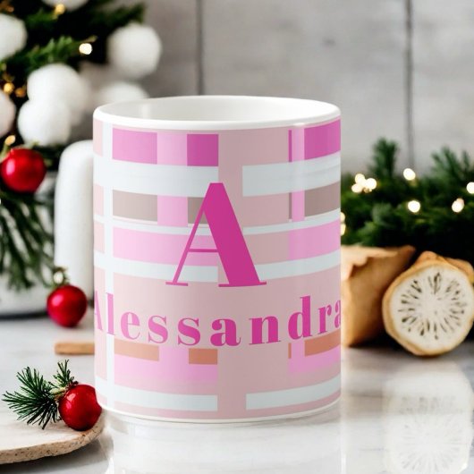 Mug Pink Noël plaid monogramme blanc moderne