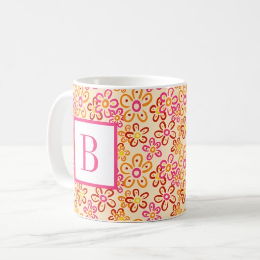 Mug Pink Orange Retro Daisy Flowers Initial Monogram (Devant gauche)