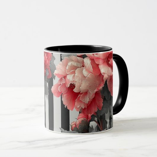 Mug pink peonies and black and white stripes (Devant droit)