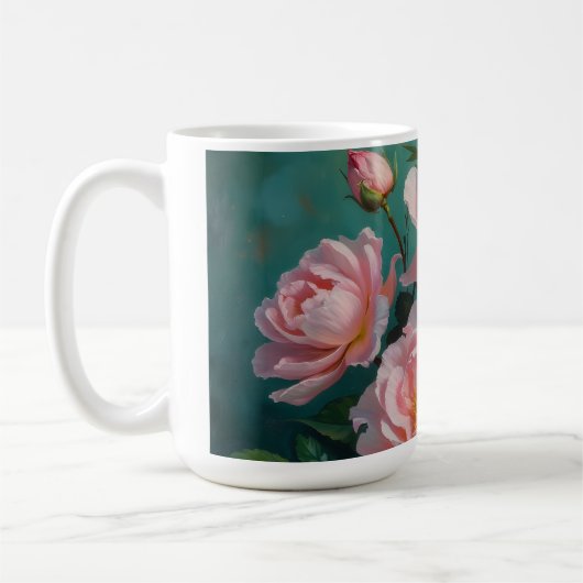 Mug Pink Peonies Artwork on Emerald Green (Gauche)