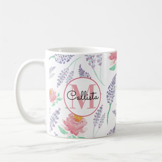 Mug Pink Peony Lavender Floral Watercolor (Gauche)