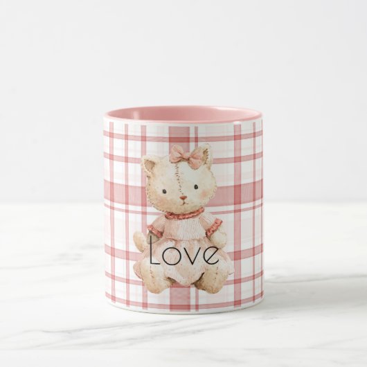 Mug Pink Plaid Stripes Cat (Centre)