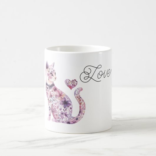 Mug Pink Purple Blush Flowers Heart Love Cat (Centre)