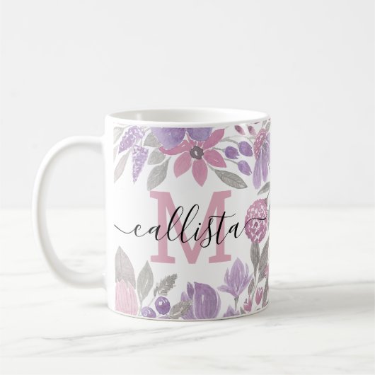 Mug Pink Purple Sage Green Floral Watercolor (Gauche)