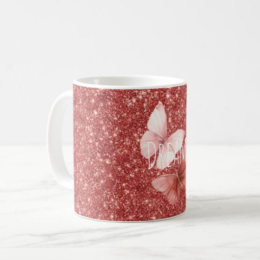 Mug Pink Red Glitter Butterflies (Devant gauche)