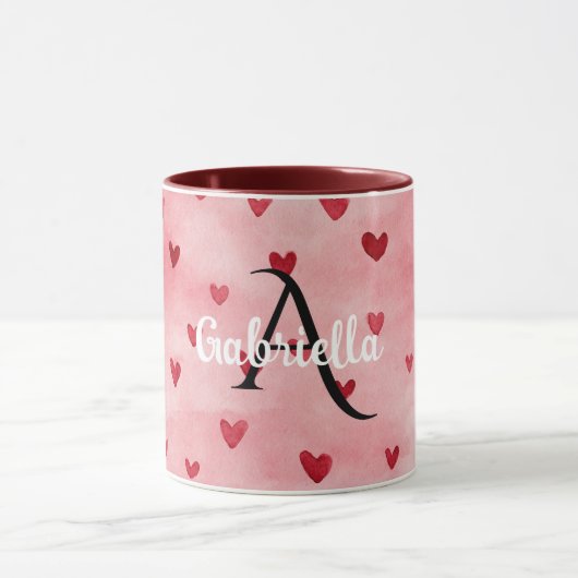 Mug Pink Red Hearts Monogram Name (Centre)