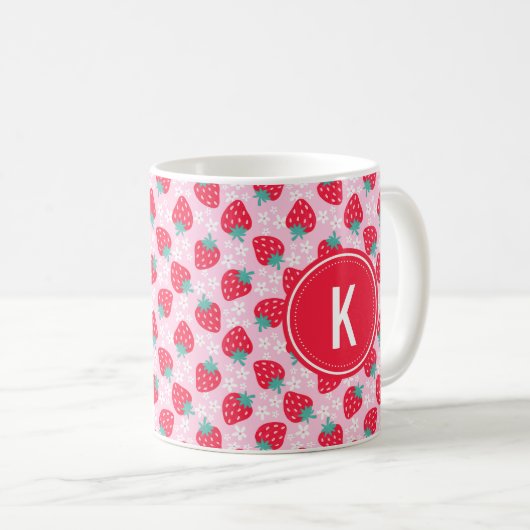 Mug Pink Red Strawberries Floral  Pattern Monogram (Devant droit)