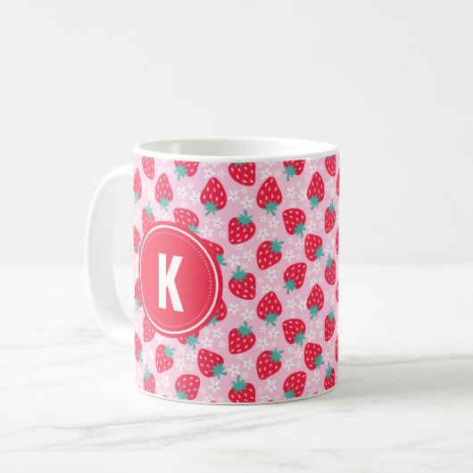 Mug Pink Red Strawberries Floral  Pattern Monogram (Devant gauche)