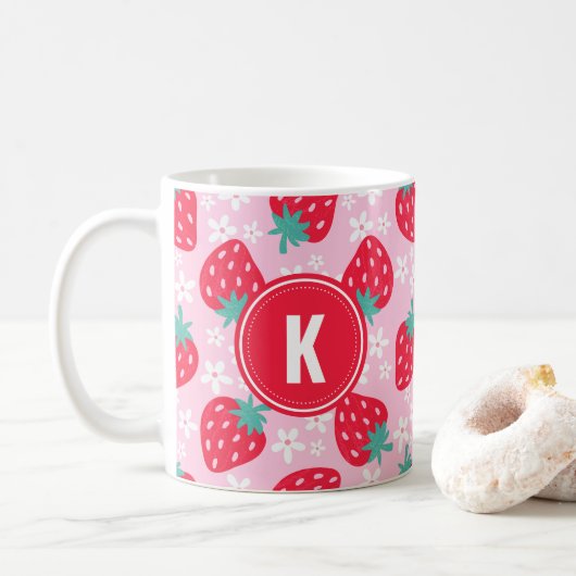 Mug Pink Red Strawberries Floral  Pattern Monogram (Avec donut)