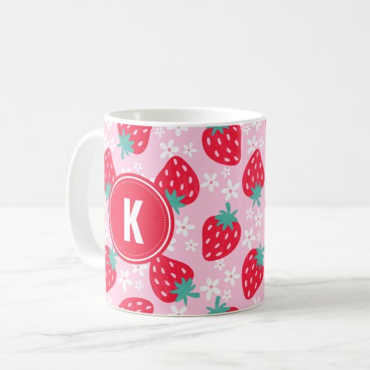 Mug Pink Red Strawberries Floral  Pattern Monogram (Devant gauche)