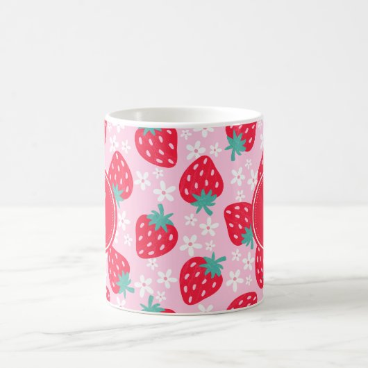 Mug Pink Red Strawberries Floral  Pattern Monogram (Centre)
