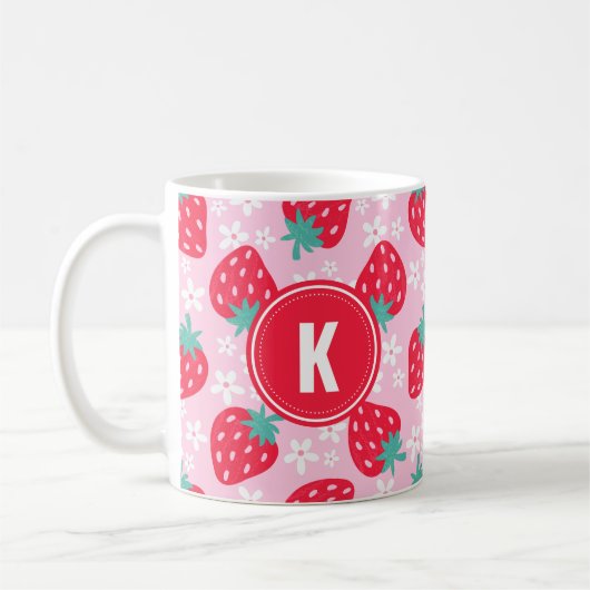 Mug Pink Red Strawberries Floral  Pattern Monogram (Gauche)