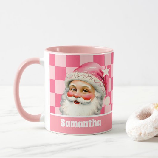 Mug Pink Retro Santa Claus Pink Tartan Plaid Noël (Avec donut)