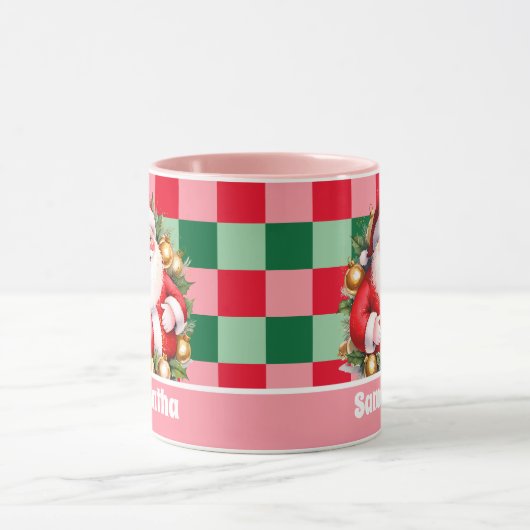 Mug Pink Retro Santa Claus Tartan Plaid Noël (Centre)