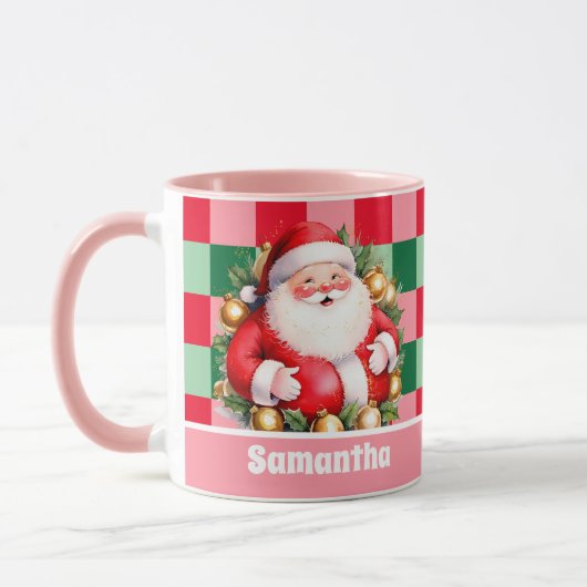 Mug Pink Retro Santa Claus Tartan Plaid Noël (Gauche)