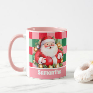 Mug Pink Retro Santa Claus Tartan Plaid Noël