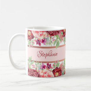 Mug Pink Stripe Bourgogne Floral Nom personnalisé