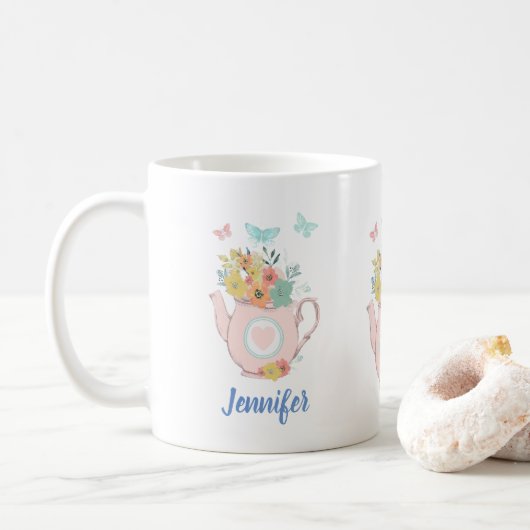 Mug Pink Teapot with Flowers & Butterflies (Avec donut)