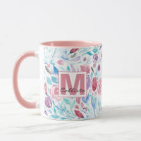 Pink Turquoise Bleu Ressort Aquarelle Fleurs Monog