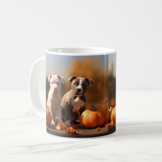Mug Pitbull Chiot Automne Citrouille de plaisir (Devant gauche)