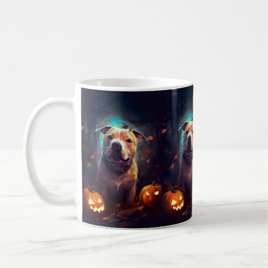 Mug Pitbull Halloween avec citrouilles effrayant (Gauche)