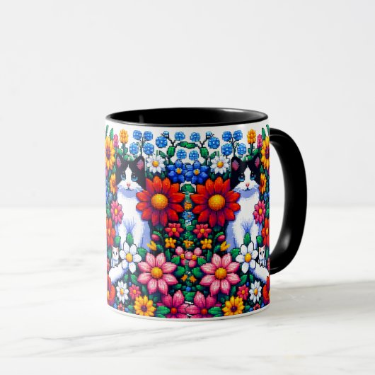 Mug Pixel Art Chat, chaton et fleurs (Devant droit)
