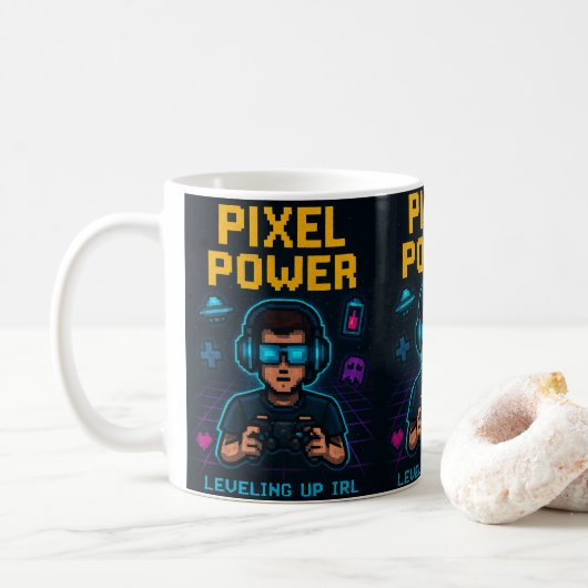 Mug Pixel Power – Leveling Up IRL Poster (Avec donut)