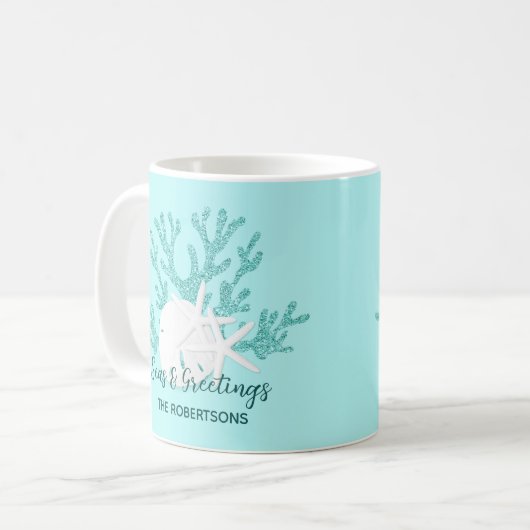 Mug Plage de Noël côtière Mer et salutations (Devant gauche)