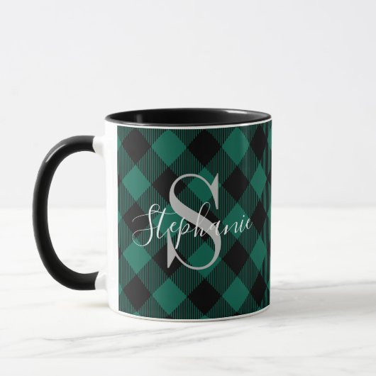 Mug Plaid Buffalo Vert Monogramme Nom (Gauche)