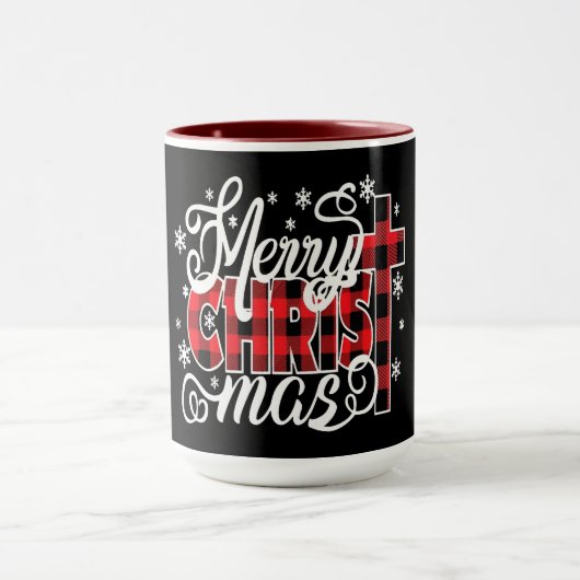 Mug Plaid CHRIST Design with Cross and Snowflakes (Centre)