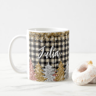 Mug Plaid de Noël et paillettes avec nom