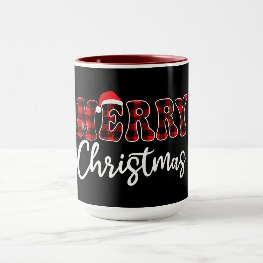 Mug Plaid MERRY Design with Santa Hat (Centre)