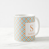 Mug Plaid Monogramme Nom Turquoise et Orange (Devant droit)