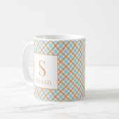Mug Plaid Monogramme Nom Turquoise et Orange (Devant gauche)