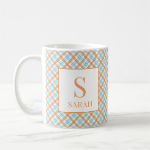 Mug Plaid Monogramme Nom Turquoise et Orange