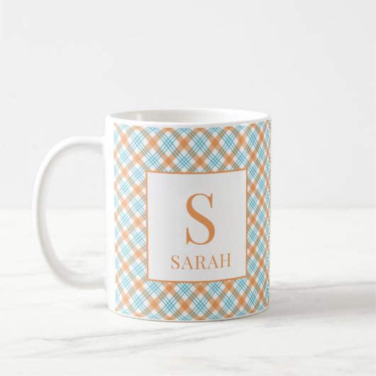 Mug Plaid Monogramme Nom Turquoise et Orange (Gauche)