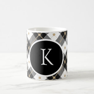 Mug Plaid noir blanc or personnalisé avec monogramme