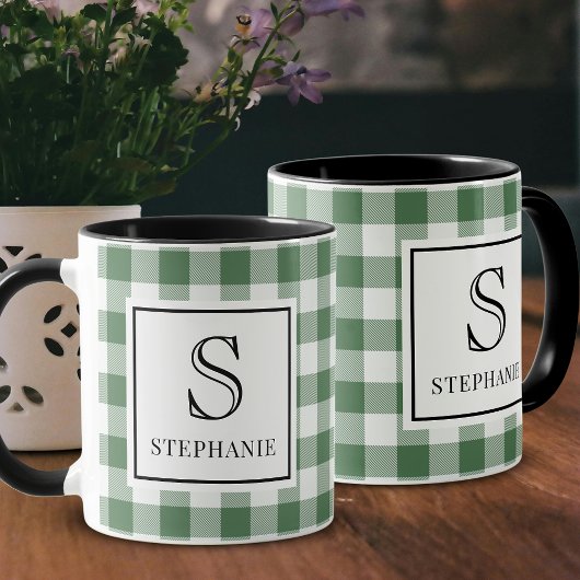 Mug Plaid Vert & Blanc Nom Monogramme Typographie Noir