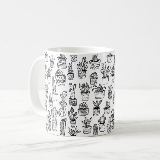Mug Plantes de cactus en pot Motif mignon Noir & Blanc (Devant gauche)