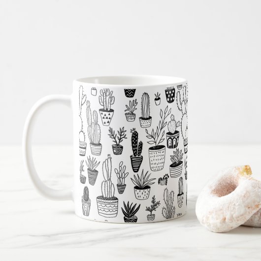 Mug Plantes de cactus en pot Motif mignon Noir & Blanc (Avec donut)