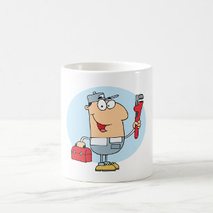 Mug Plombier de dessin animé tenant une clé à tuyau et