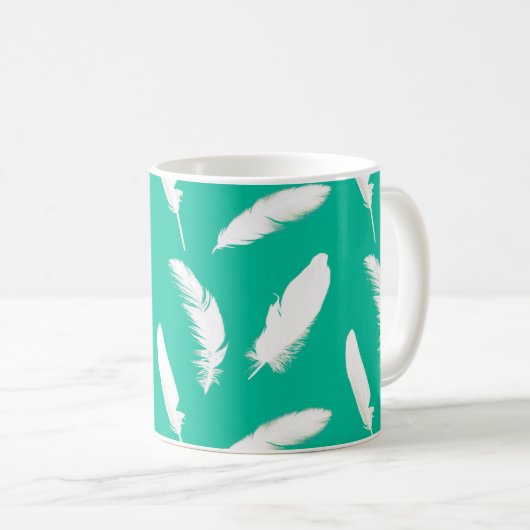Mug Plumes blanches sur Turquoise (Devant droit)