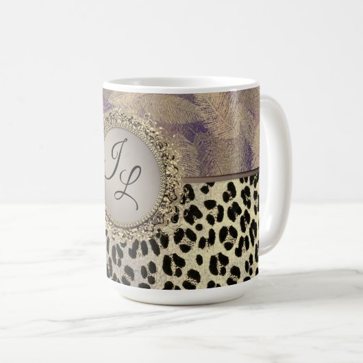 Mug Plumes chic avec Monogramme Empreinte de léopard (Devant droit)